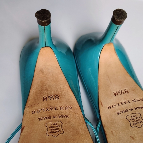 Ann Taylor women's leather strappy stiletto heel sandals,slip-on Turquoise 8.5M, - Picture 6 of 17